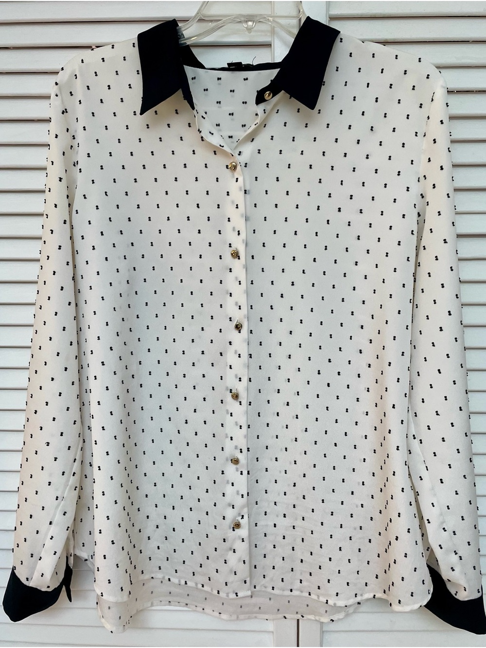 Ann Taylor White Blouse with Black Collar and Dot Accent